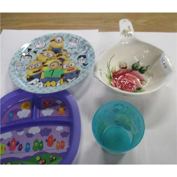 ESTATE:  2 KIDS PLATES, 1 KIDS GLASS, REGAL ROSE GRAVY BOAT