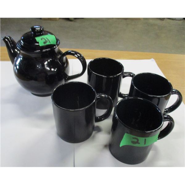 ESTATE:  BLACK GLASS TEAPOT & 4 BLACK CUPS