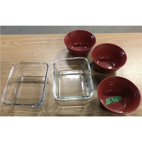 ESTATE:  3 ORANGE BOWLS & 2 CASSEROLE DISHES