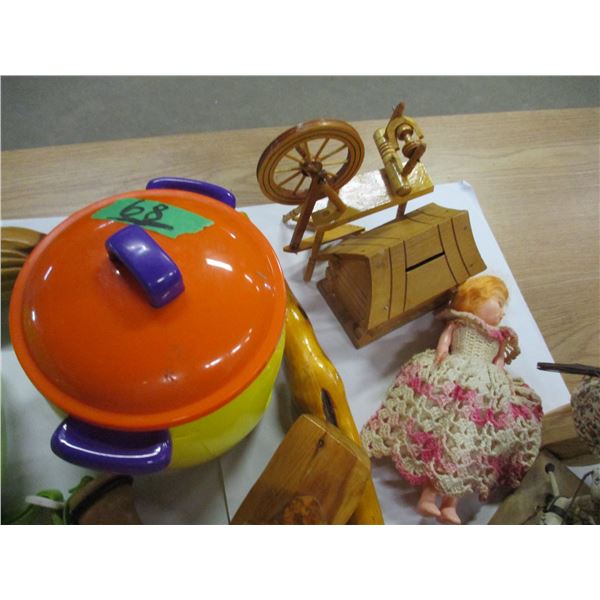 ESTATE:  BOX C/W WOOD ORNAMENTS, BALL GLOVE, BIKE HELMET, ETC