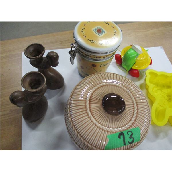 ESTATE:  BOX C/W CANNISTER, MOULDS, PULL TOY, ETC