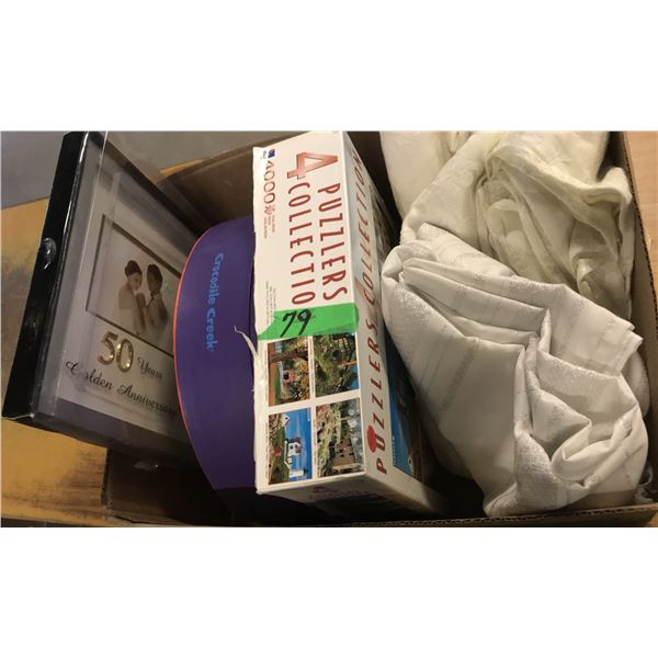 ESTATE:  BOX C/W PICTURE FRAME, 4 PUZZLE COLLECTION, CROCODILE CREEK PUZZLE, LINEN
