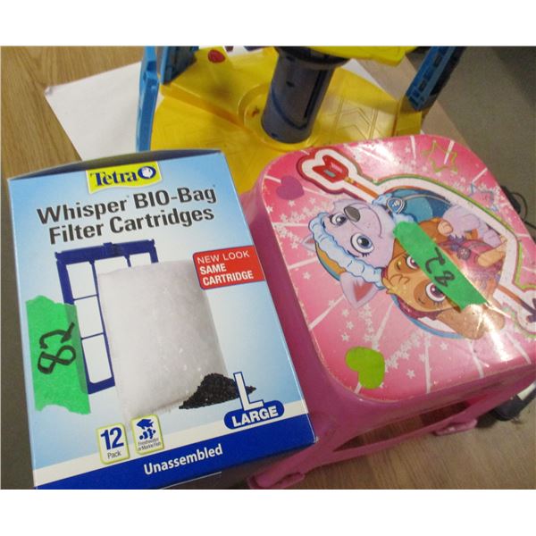 ESTATE:  BOX C/W TOY, FILTER CARTRIDGES, STOOL, 2 PHONES & BASE