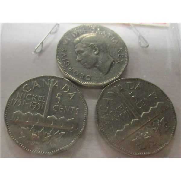 1751 - 1951 LOT OF THREE SMOKESTACK CANADA NICKELS