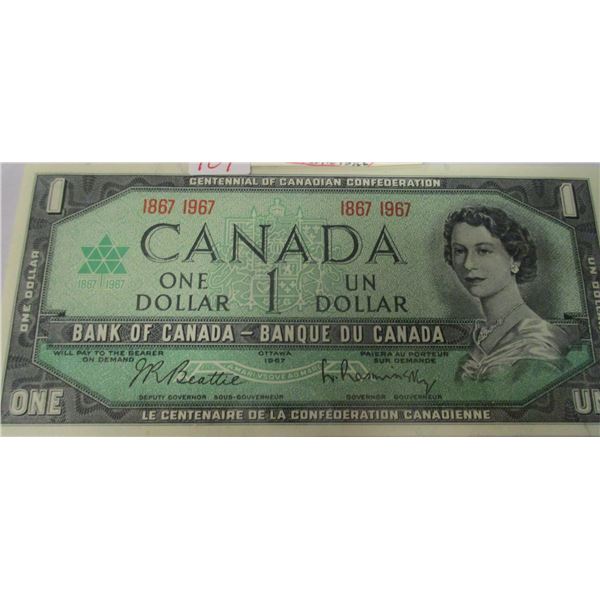 1967 CRISP UNCIRCULATED NO SERIAL NUMBER CANADA CENTENNIAL $1 BILL