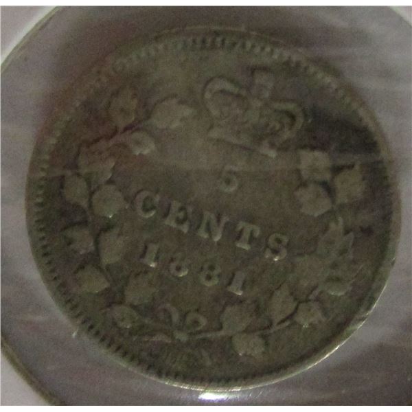 1881 CANADA VICTORIAN SILVER FIVE CENT
