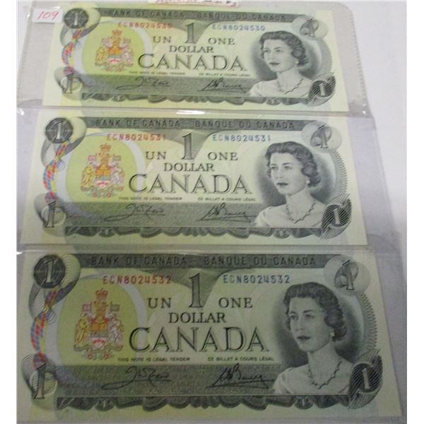 LOT OF THREE 1973 SEQUENTIAL SERIAL NUMBER CANADA $1 BILLS