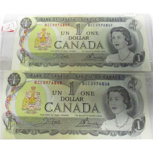 1973 CRISP UNCIRCULATED SEQUENTIAL SERIAL NUMBER LAST OF CANADA $1 BILLS