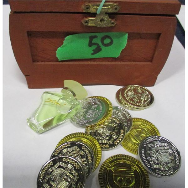 CHEST C/W TREASURE, SEA SHELLS & COPIES OF COINS
