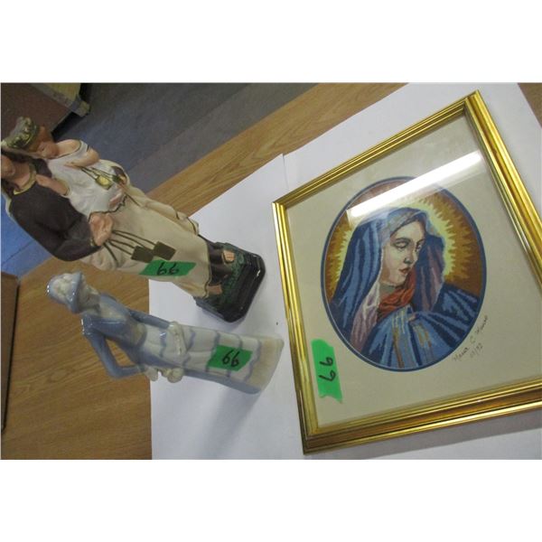 ESTATE:  NEEDLE WORK RELIGIOUS PICTURE, STATUE OF LADY & CHILD, STATUE OF LADY