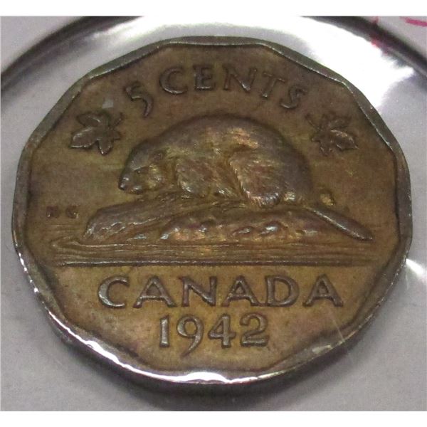 1942 CANADA WORLD WAR TOMBAC BEAVER NICKEL