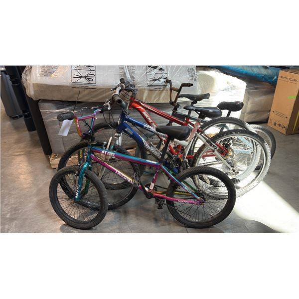 4 ASSORTED BIKES INCL STUNT AND MOUNTAIN BIKES