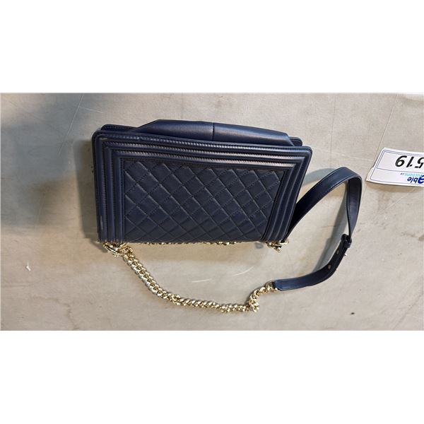 BLACK LEATHER QUILTED PURSE WITH GOLD AND LEATHER SHOULDER STRAP
