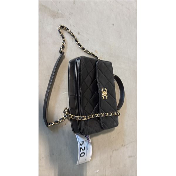 BLACK LEATHER QUILTED PURSE WITH GOLD AND LEATHER SHOULDER STRAP