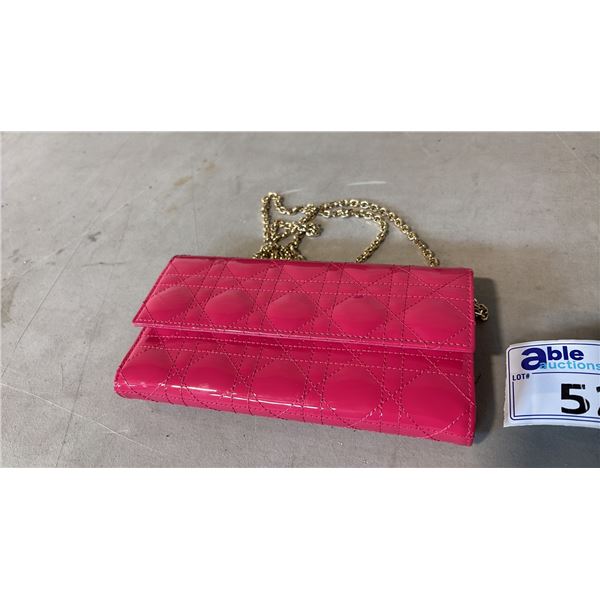HOT PINK AND GOLD PATENT LEATHER CLUTCH WITH GOLD SHOULDER STRAP