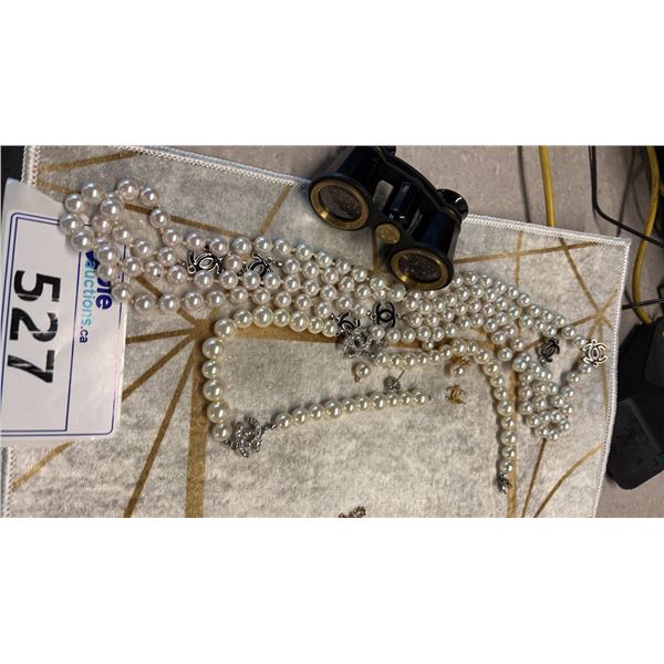 ASSORTED FAUX PEARLS, EARRINGS AND OPERA GLASSES
