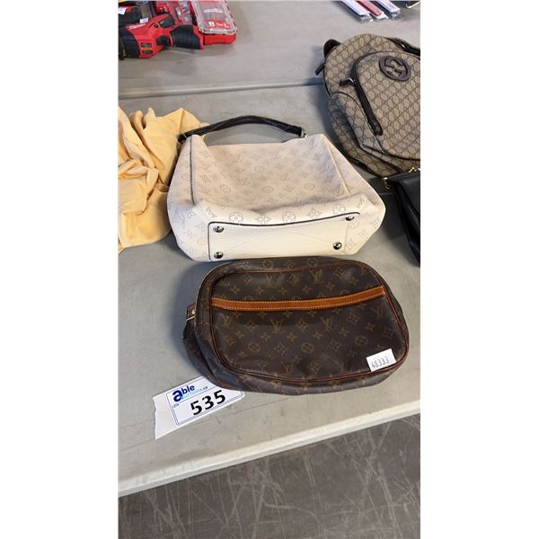 CREAM MONOGRAM TOTE BAG AND A BROWN MONOGRAM SATCHEL