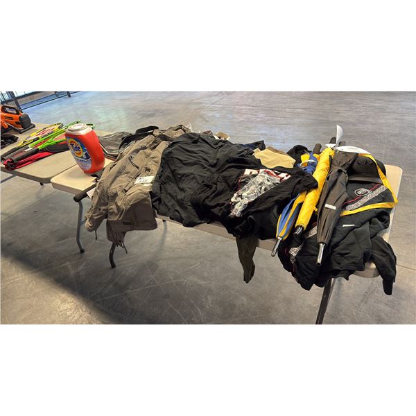 ASSORTED APPAREL, UMBRELLAS, HAT AND TIDE 63 XL POWER PODS + OXI PRE-MEASURED LAUNDRY DETERGENT