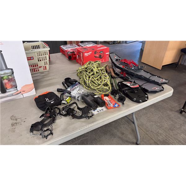 MSR SNOW SHOES C/W TAIL, CLIMB ROPE, CRAMPONS, BINOCULAR, FLASHLIGHTS AND MORE