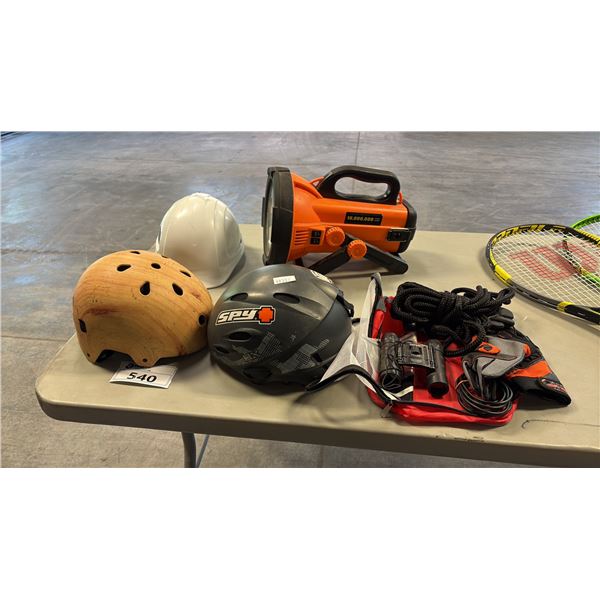 ASSORTED ITEMS INCL 3 HELMETS, 10X25 BINOCULARS, SUNFORCE 10M CANDLEPOWER SPOTLIGHT, ROPE AND MORE