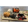 Image 1 : ASSORTED ITEMS INCL 3 HELMETS, 10X25 BINOCULARS, SUNFORCE 10M CANDLEPOWER SPOTLIGHT, ROPE AND MORE