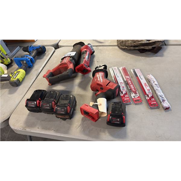 ASSORTED MILWAUKEE TOOLS INCL SAWZALL, REPLACEMENT BLADES AND 4 BATTERIES