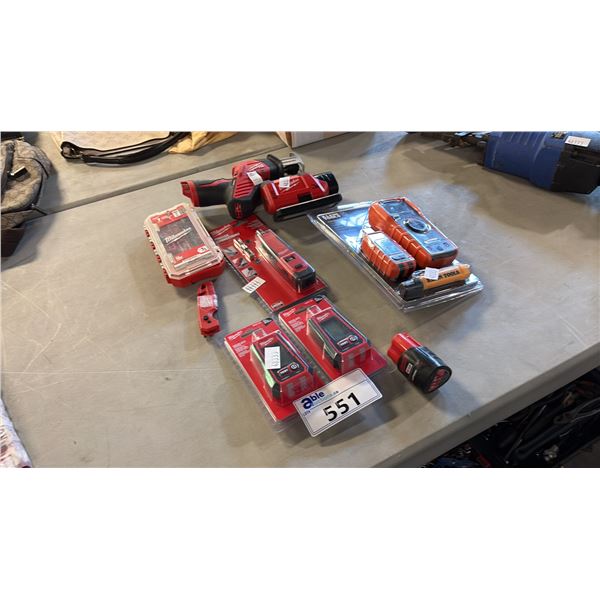 ASSORTED TOOLS INCL MILWAUKEE HACKZALL, KLEIN TOOLS MULTI-TESTER KIT, 2 BATTERIES AND MORE