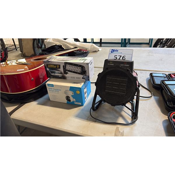 MIXED ITEMS INCL CERAMIC UTILITY HEATER,  ALPENA LEDBAR 9 AUXILIARY LED LIGHT BAR AND REOLINK 5MP