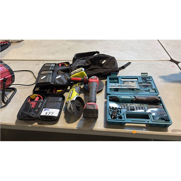 MIXED ITEMS INCL 4 TYPE S JUMP STARTERS, MAKITA MULTI-TOOL PACK, MILWAUKEE GRINDER AND MORE