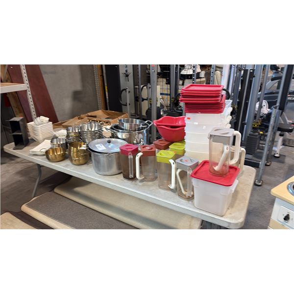 ASSORTED TABLEWARE INCL STAINLESS CLAD COOKWARE, CERAMIC SERVING PLATES AND MORE - MUST TAKE ALL