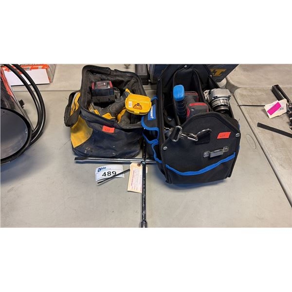 3 DRILLS, GRINDER IN SOFT SIDED DEWALT BAG * MASTERCRAFT BAG WITH ASSORTED TOOLS