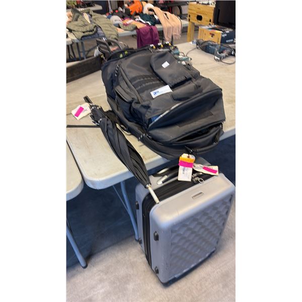 TRAVEL CASE, BLACK UMBRELLA AND BAG INCL SILVER SAMSONITE SUITCASE