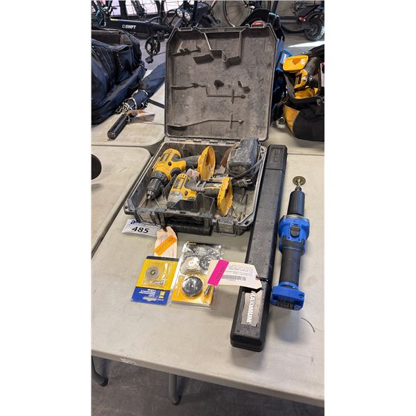 POWERFIST GRINDER, (2 DRILLS AND BITS INSIDE A DEWALT CASE), GRINDER DISCS AND TORQUE WRENCH