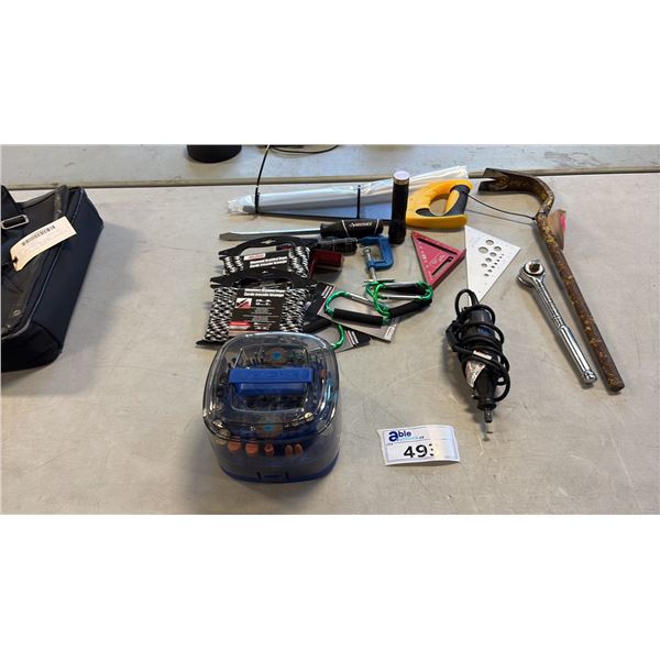 YELLOW HANDLED SAW, DURACELL FLASHLIGHT, CROW BAR, DREMEL TOOL, FLATHEAD SCREWDRIVER, DREMEL TOOL