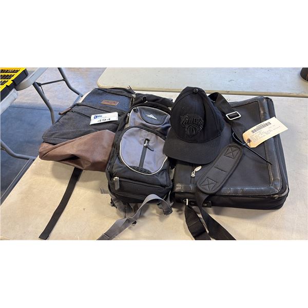 WRANGLER DENIM BACKPACK, NEW YORK KNICKS BLACK BASEBALL CAP,  LAPTOP BAG, GREY/BLK BACKPACK