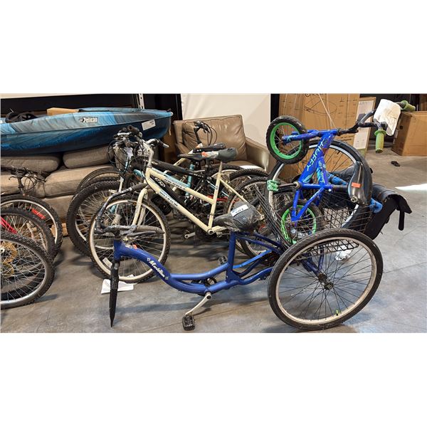 ASSORTED BIKES INCL MERIDIAN 3-WHEEL(FOR REPAIR), INFINITY CRYSTAL, CCM STATIC 26, ARASHI TRAIL