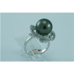Genuine Diamond & Tahitian Black Pearl Ring 18K Gold