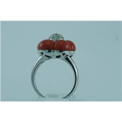 Genuine Diamond & Treated Coral Ring 18K Gold