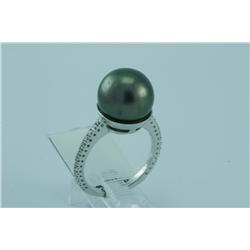 Genuine Diamond & Tahitian Black Pearl Ring 14K Gold