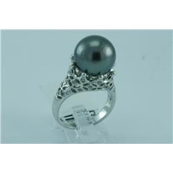 Genuine Diamond & Tahitian Black Pearl Ring 14K Gold