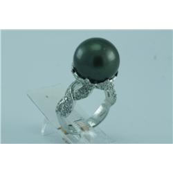 Genuine Diamond & Tahitian Black Pearl Ring 18K Gold