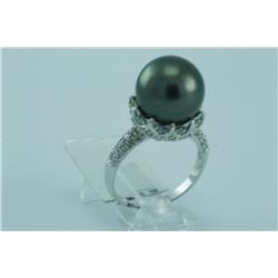 Genuine Diamond & Tahitian Black Pearl Ring 14K Gold