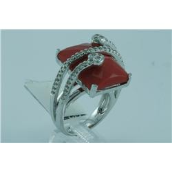 Genuine Diamond & Treated Coral Ring 14K Gold