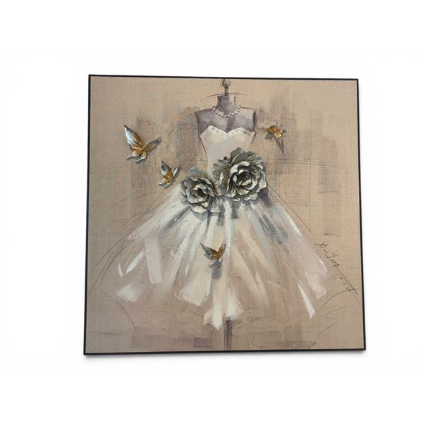 Framed Bride in White Dress painting on canvas signed by artist Xiao Yang - approx. 39.5in x 39.5in 