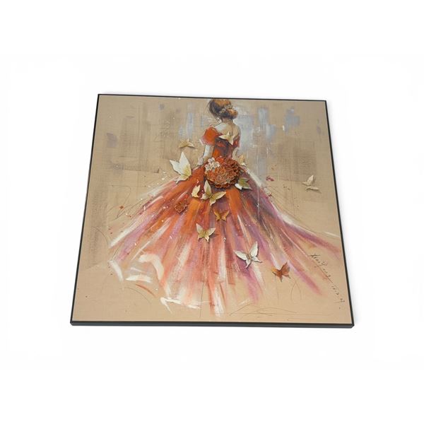 Framed Woman in Red Dress 3D painting on canvas signed by artist Xiao Yang - approx. 39.5in x 39.5in
