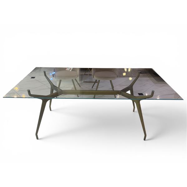 New - Sovet - Arkos Designer Dining Table Extralight Glass Top, Legs: Burnished Gold - approx. 70.87