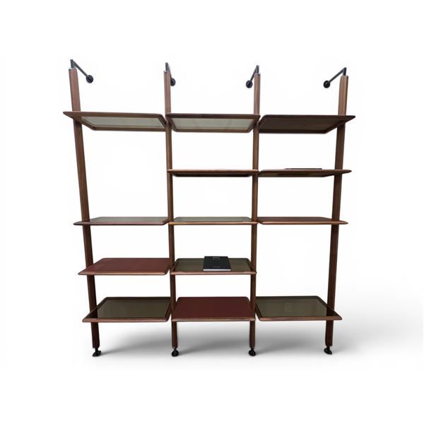 New - Ulivi - Larry Designer Bookshelf Solid Walnut, Shelf: Plume Leather Col. Mattone Bronzed Glass
