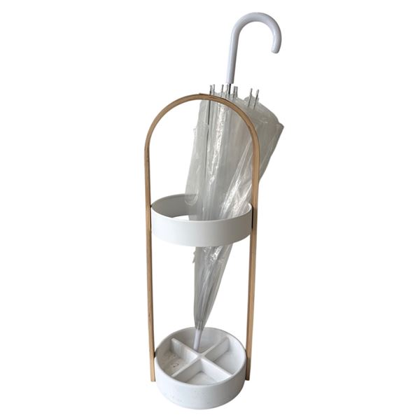 Modern Minimalist Umbrella Stand â€“ Wooden & White Metal Entryway Organizer