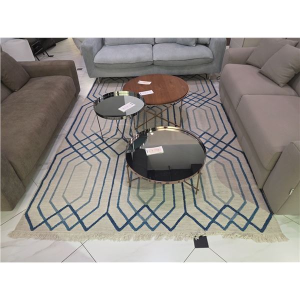Contemporary Blue & Cream Geometric Fringed Area Rug - RV: $3560 - Approx: 125" x 79"- ARK Interiors
