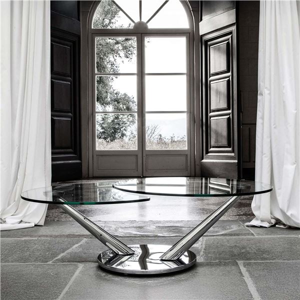New - NAOS - Designer Abra Coffee Table Glass Top, Metal Polished Chrome Base - approx. 31.5in-48.5i